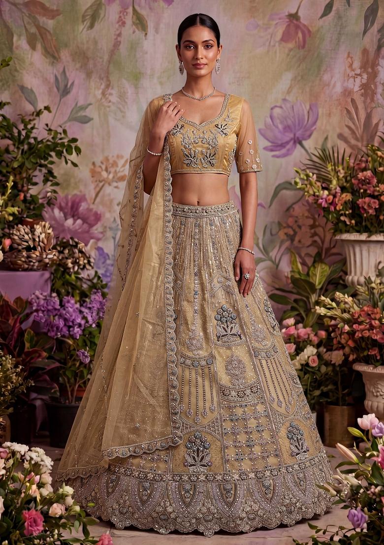 Beige Embroidered Net Lehenga Set - Indya