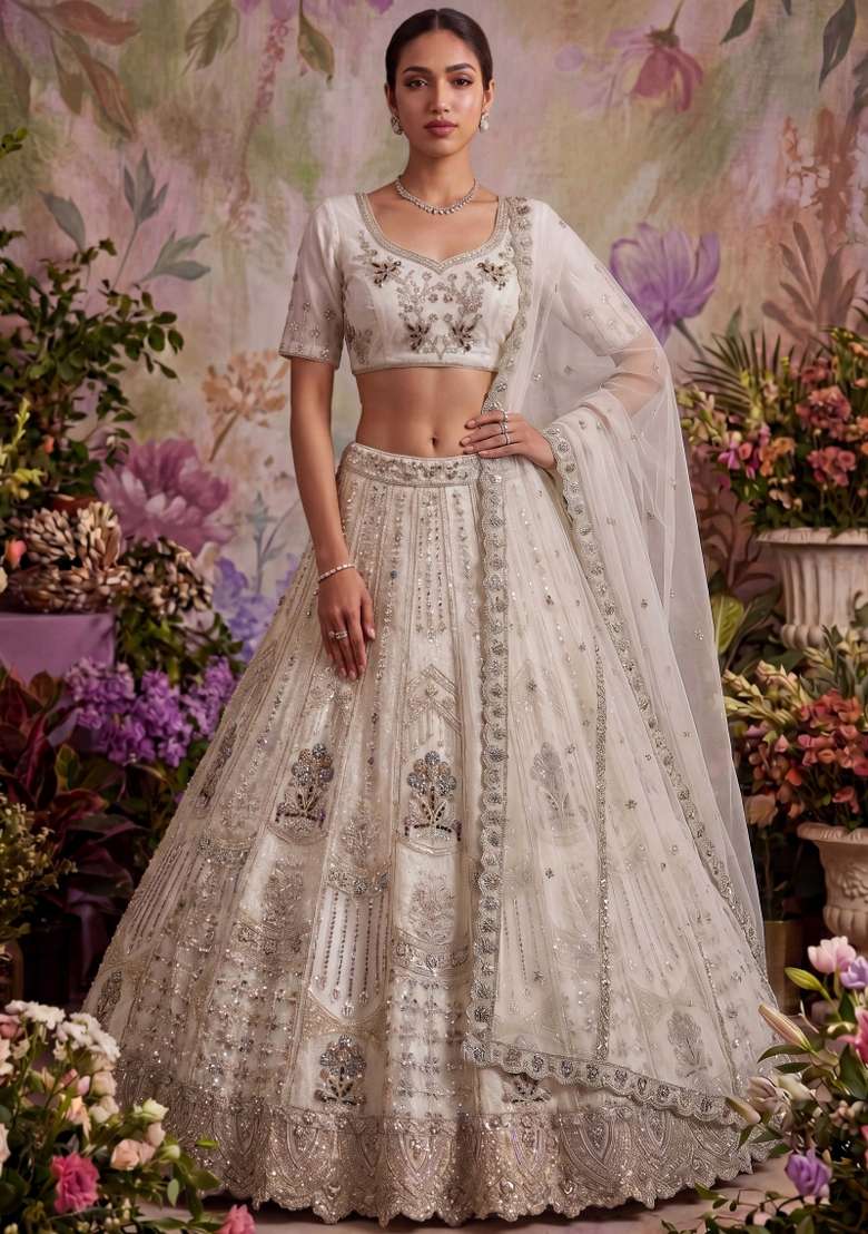 Off White Embroidered Net Lehenga Set - Indya