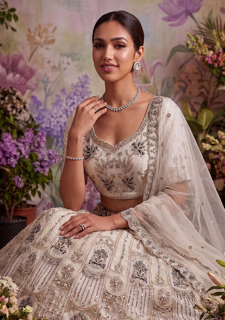 Off White Embroidered Net Lehenga Set - Indya