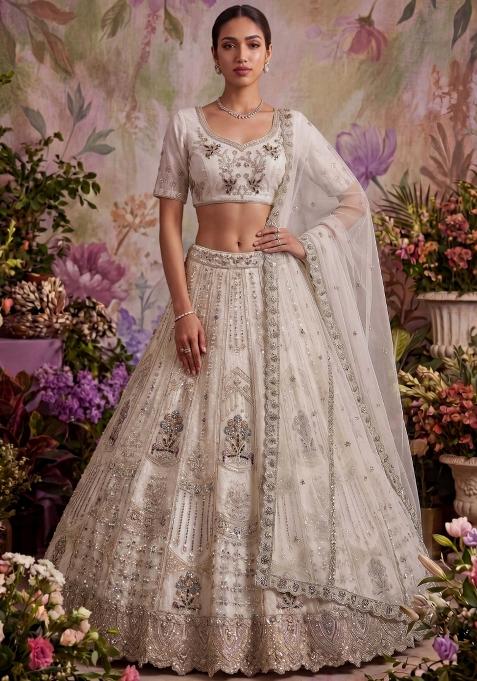 Off White Embroidered Net Lehenga Set