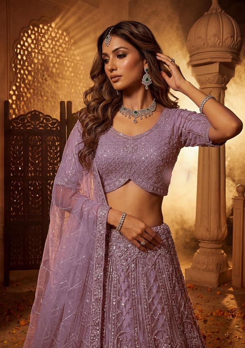 Lilac Embroidered Net Lehenga Set - Indya