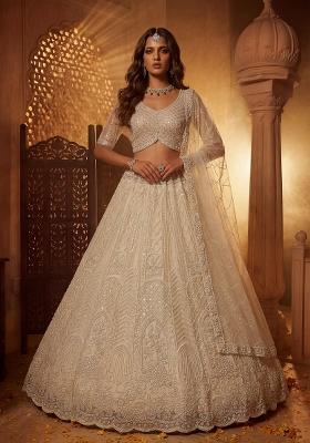 Cream Embroidered Net Lehenga Set