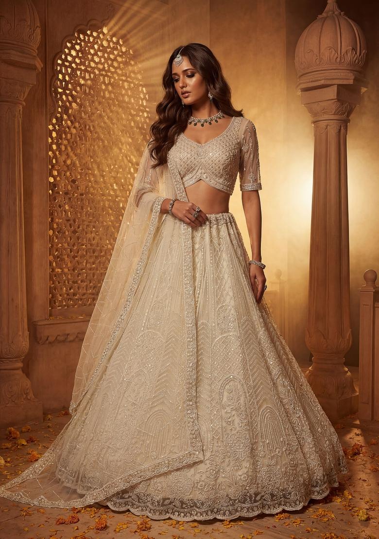 Cream Embroidered Net Lehenga Set - Indya