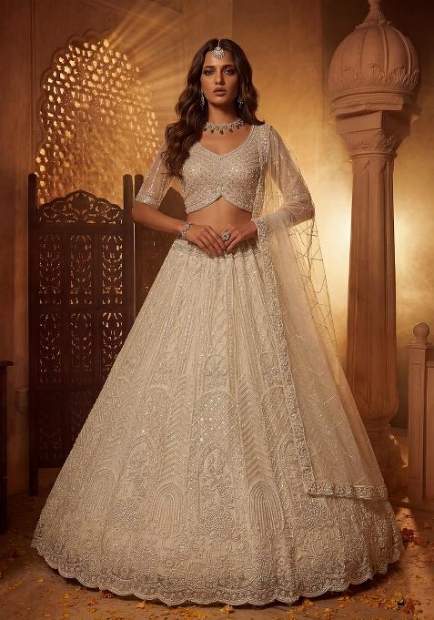 Cream Embroidered Net Lehenga Set