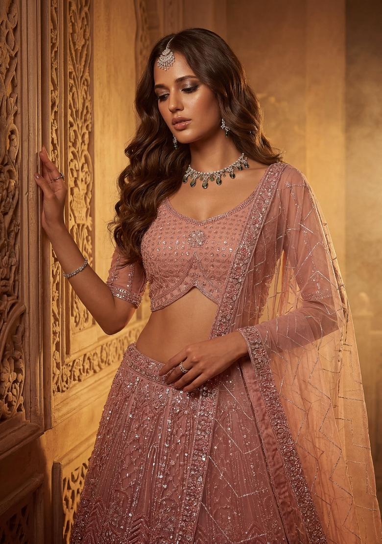 Pink Embroidered Net Lehenga Set - Indya
