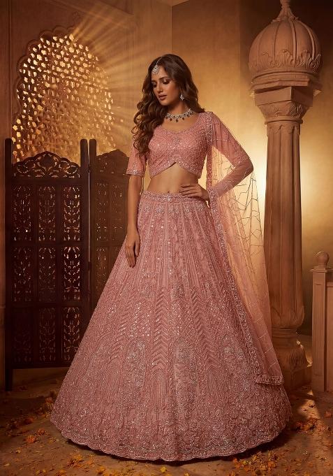 Pink Embroidered Net Lehenga Set