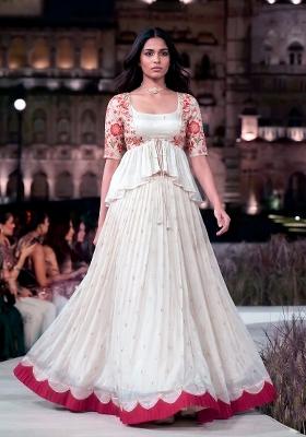 Off White Embroidered Silk Lehenga Set