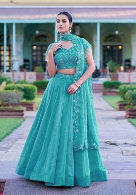Sky Blue Embroidered Gold Crush Lehenga Set