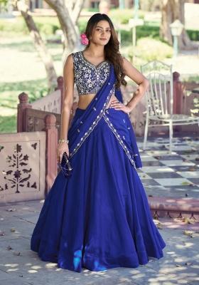 Royal Blue Plain P C Kashmiri Lehenga Set