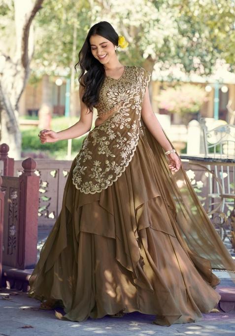 Olive Sequin Work Marble Lehenga Set