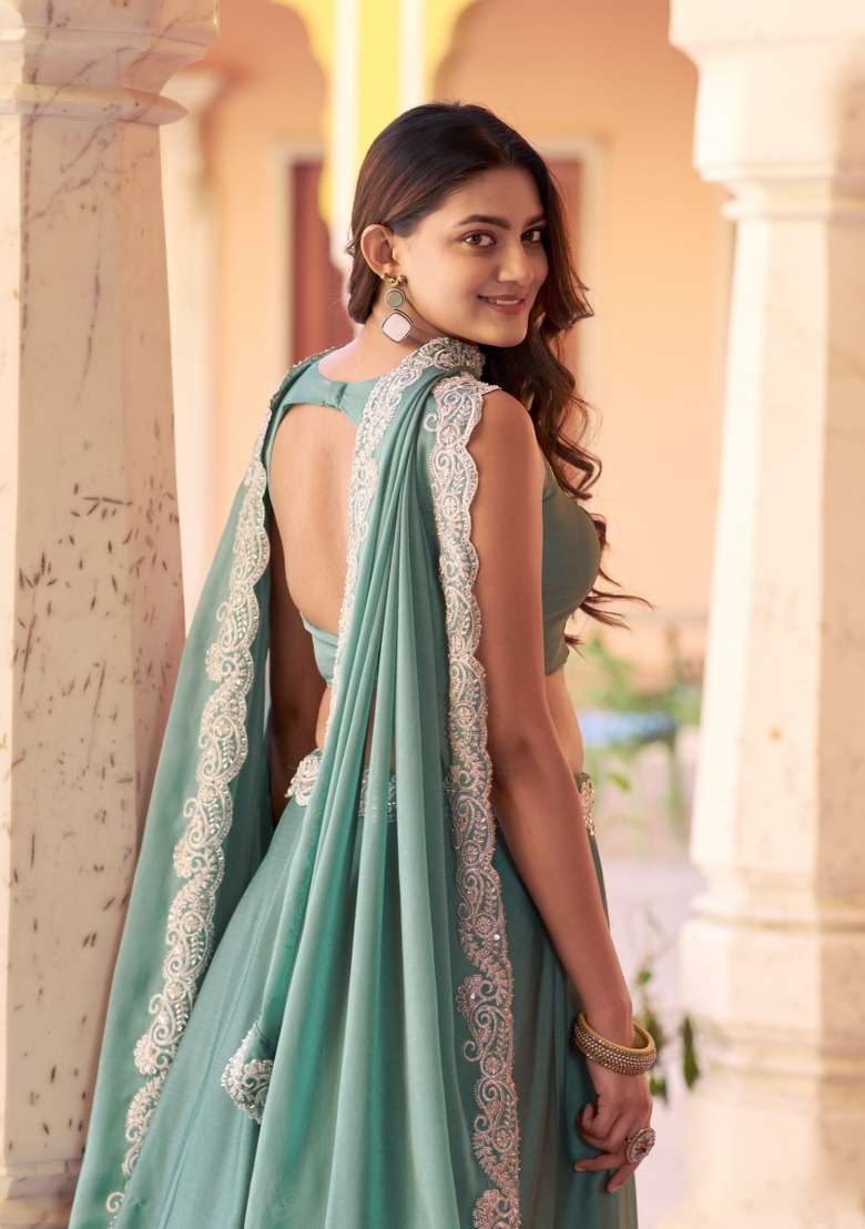 Sky Blue Embroidered Silk Lehenga Set for Diwali and Festive Wear - Indya