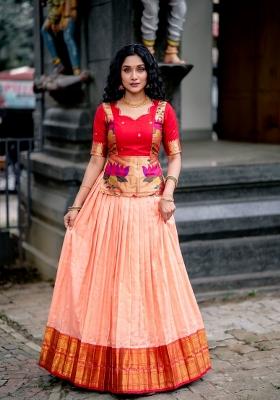 Peach Zari Work Silk Lehenga Set