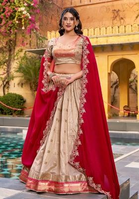 Off White Zari Work Slub Kota Lehenga Set