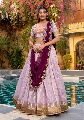 Light Pink Zari Work Slub Kota Lehenga Set