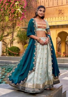 Sky Blue Zari Work Slub Kota Lehenga Set