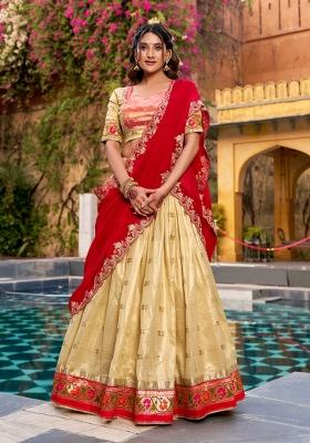 Yellow Zari Work Slub Kota Lehenga Set