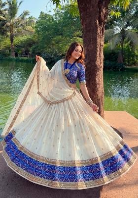 Off White Embroidered Silk Lehenga Set