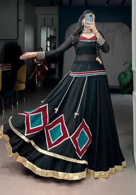 Black Lace Work Marble Lehenga Set