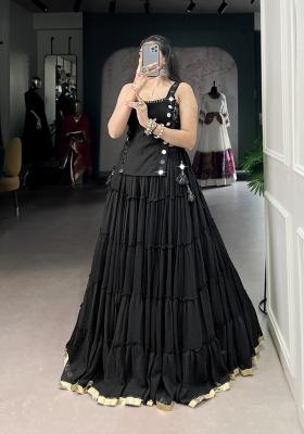 Black Lace Work Marble Lehenga Set