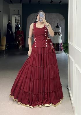 Red Lace Work Marble Lehenga Set
