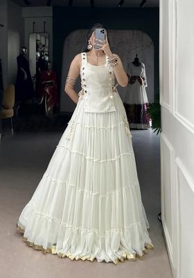 White Lace Work Marble Lehenga Set