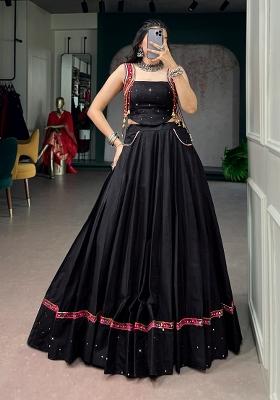 Black Mirror Work Cotton Lehenga Set