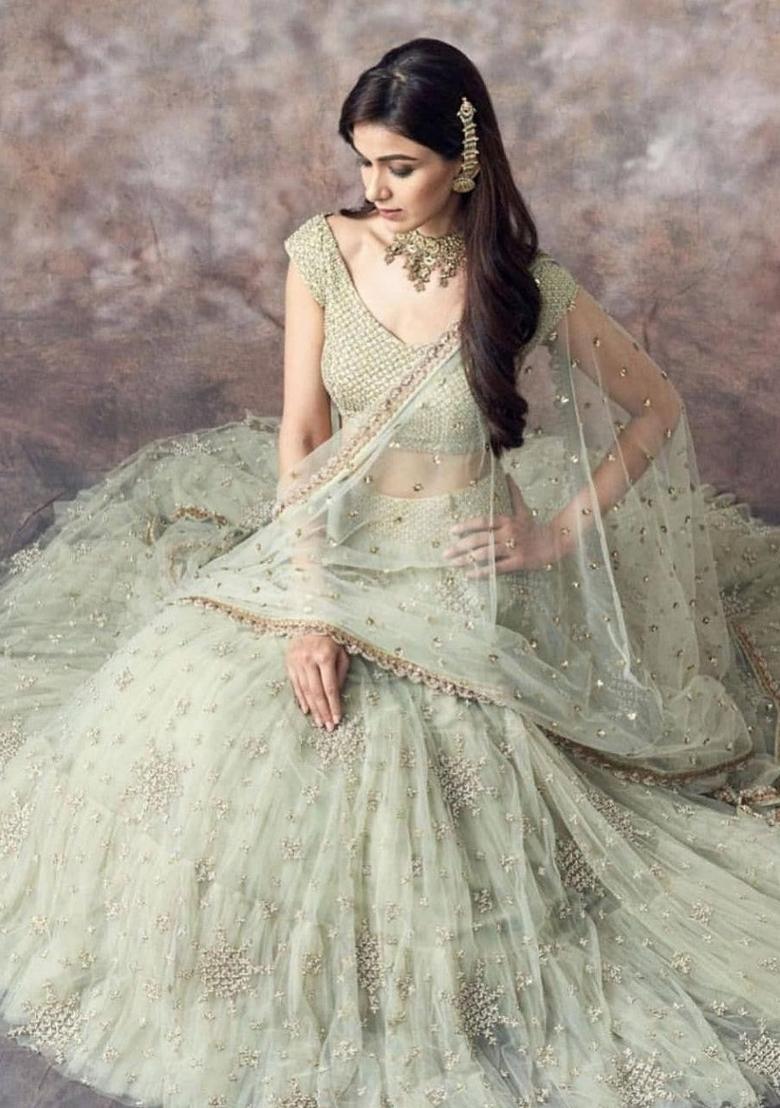 Pista Embroidered Net Lehenga Set - Indya
