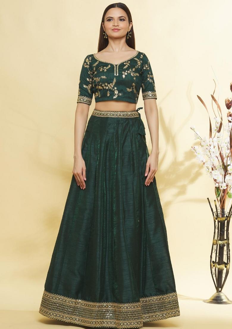 Green Embroidered Silk Lehenga Set - Indya