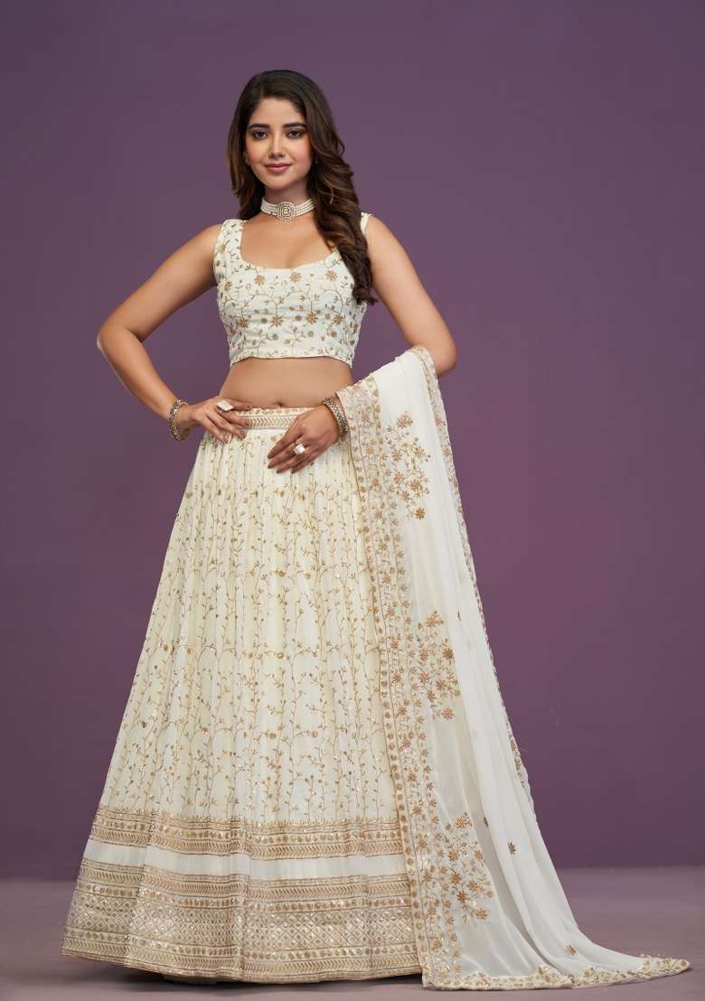Cream Embroidered Georgette Lehenga Set for Diwali and Festive Wear - Indya