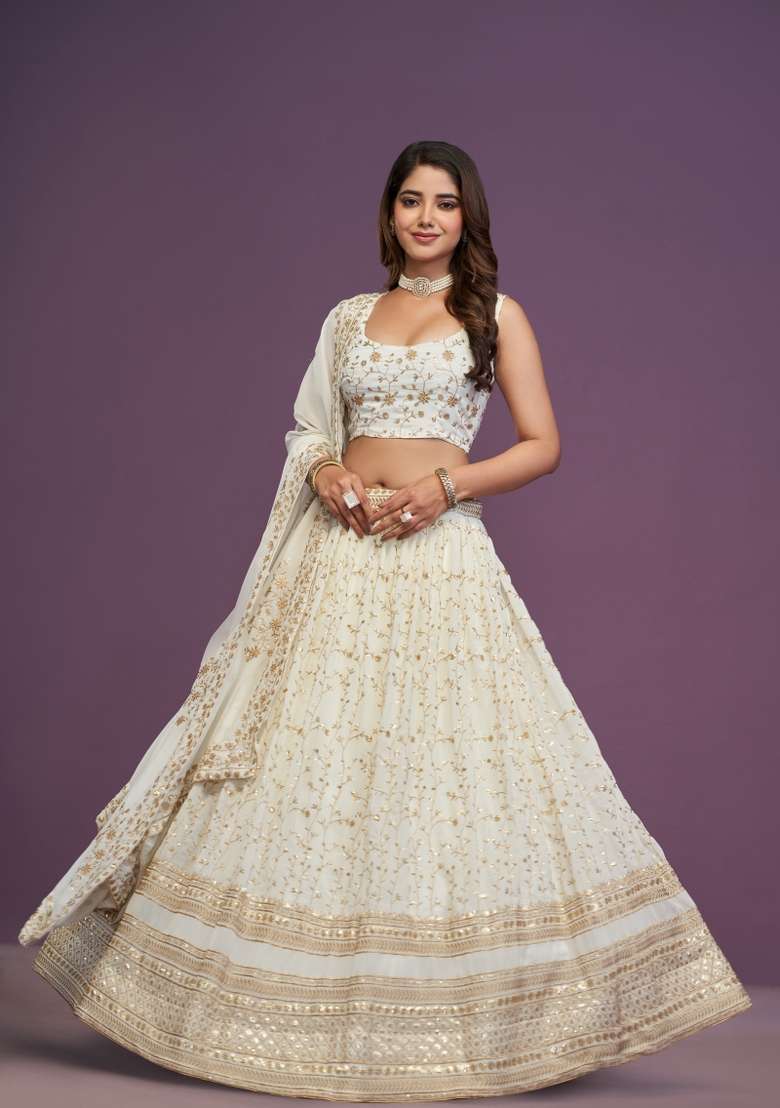 Cream Embroidered Georgette Lehenga Set for Diwali and Festive Wear - Indya