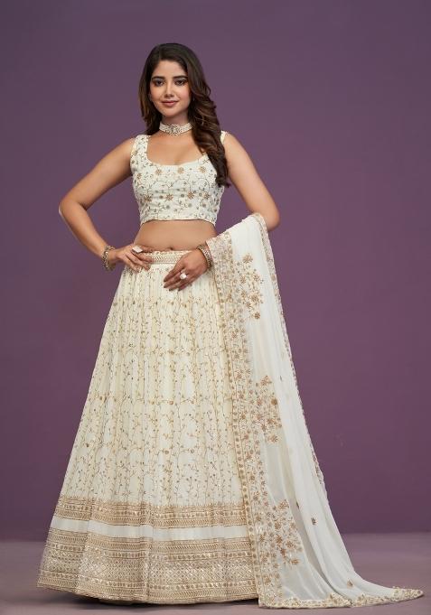 Cream Embroidered Georgette Lehenga Set