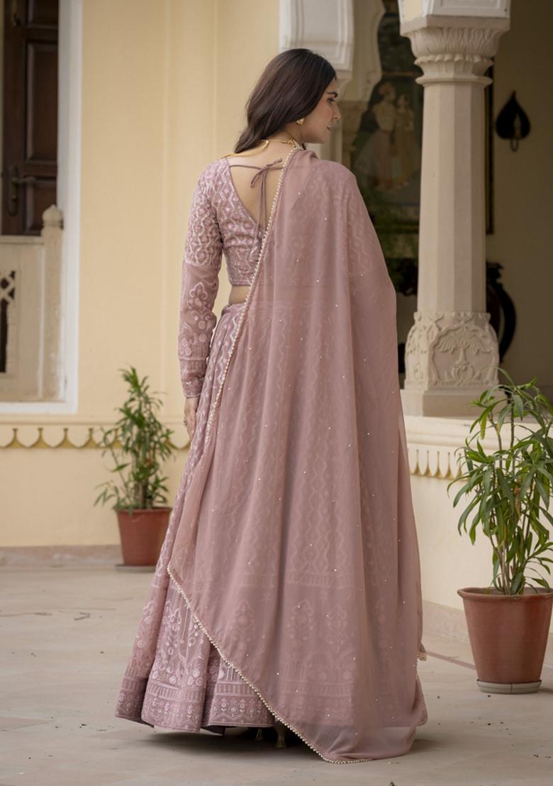 Dusty Rose Embroidered Georgette Lehenga Set - Indya