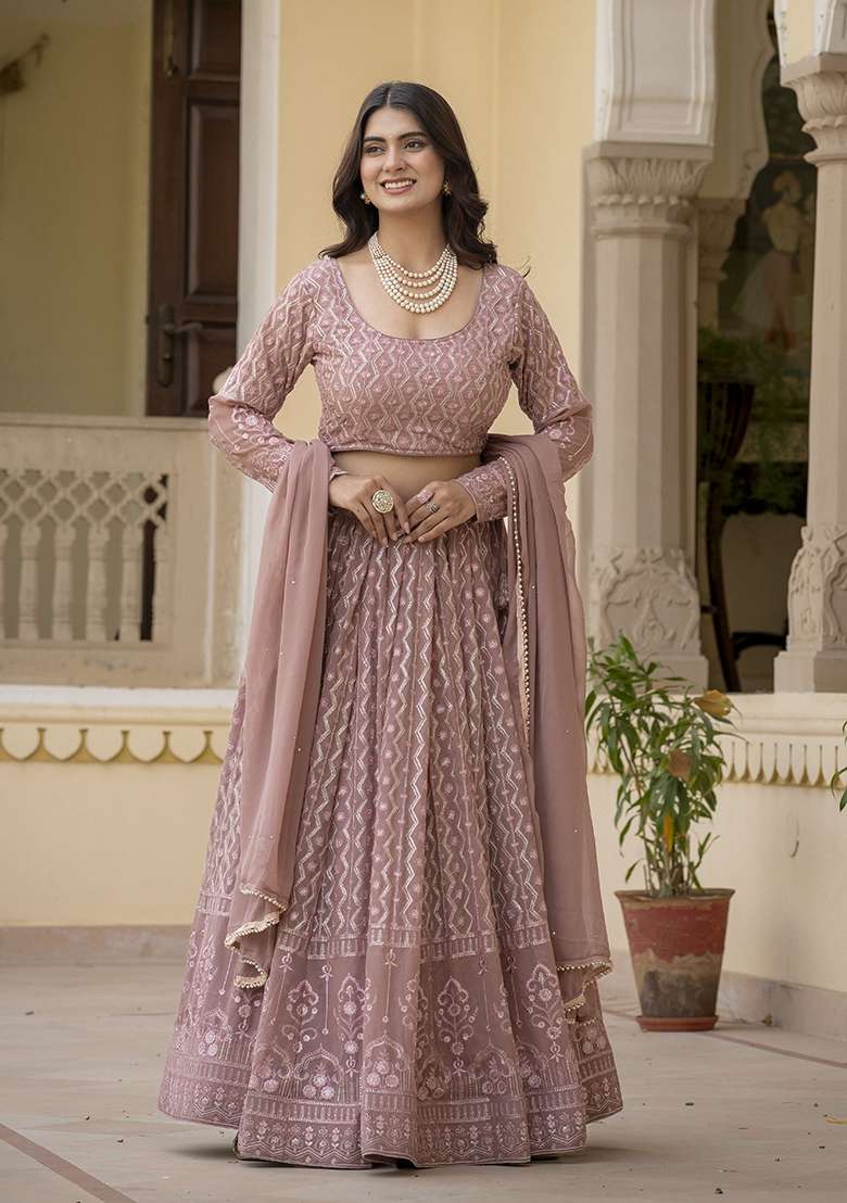Dusty Rose Embroidered Georgette Lehenga Set for Diwali and Festive Wear - Indya