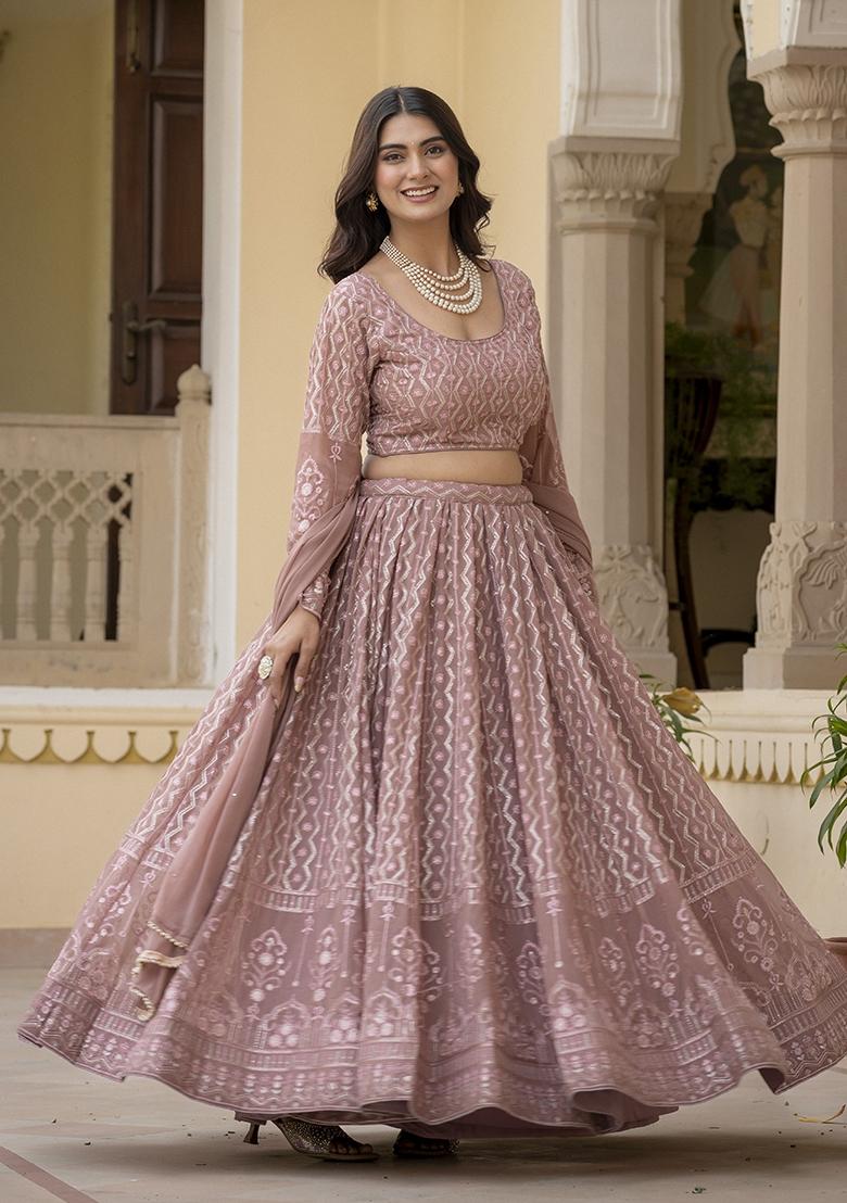 Dusty Rose Embroidered Georgette Lehenga Set - Indya