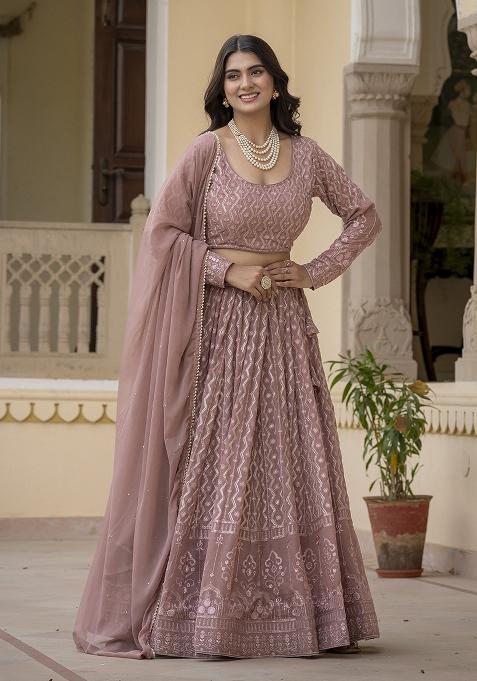 Dusty Rose Embroidered Georgette Lehenga Set