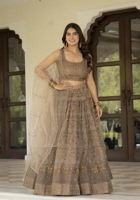 Light Coffee Embroidered Net Lehenga Set
