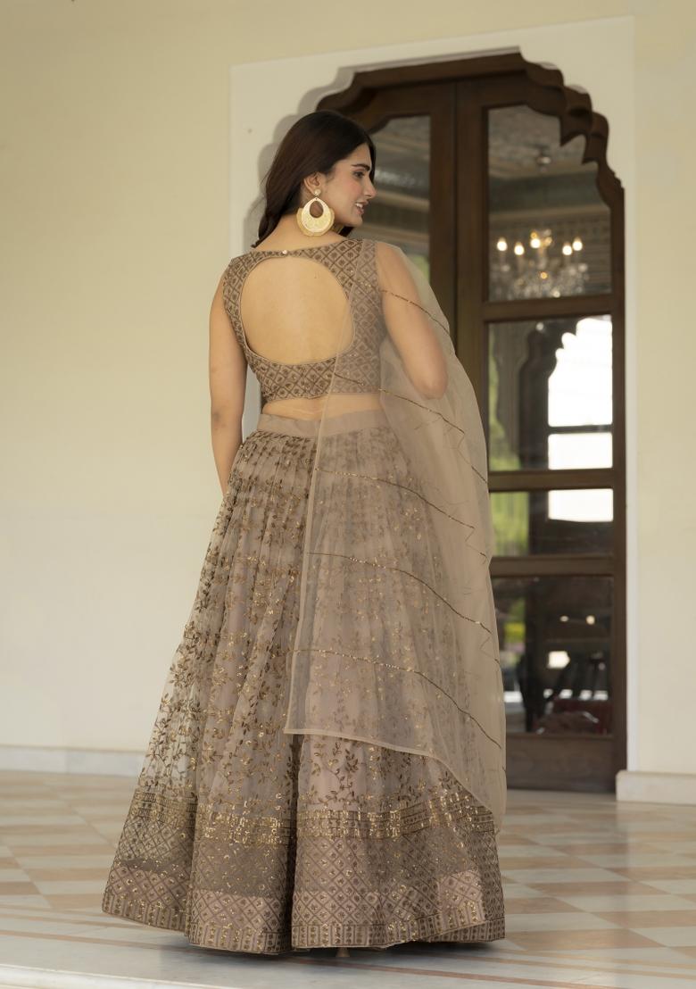 Light Coffee Embroidered Net Lehenga Set - Indya