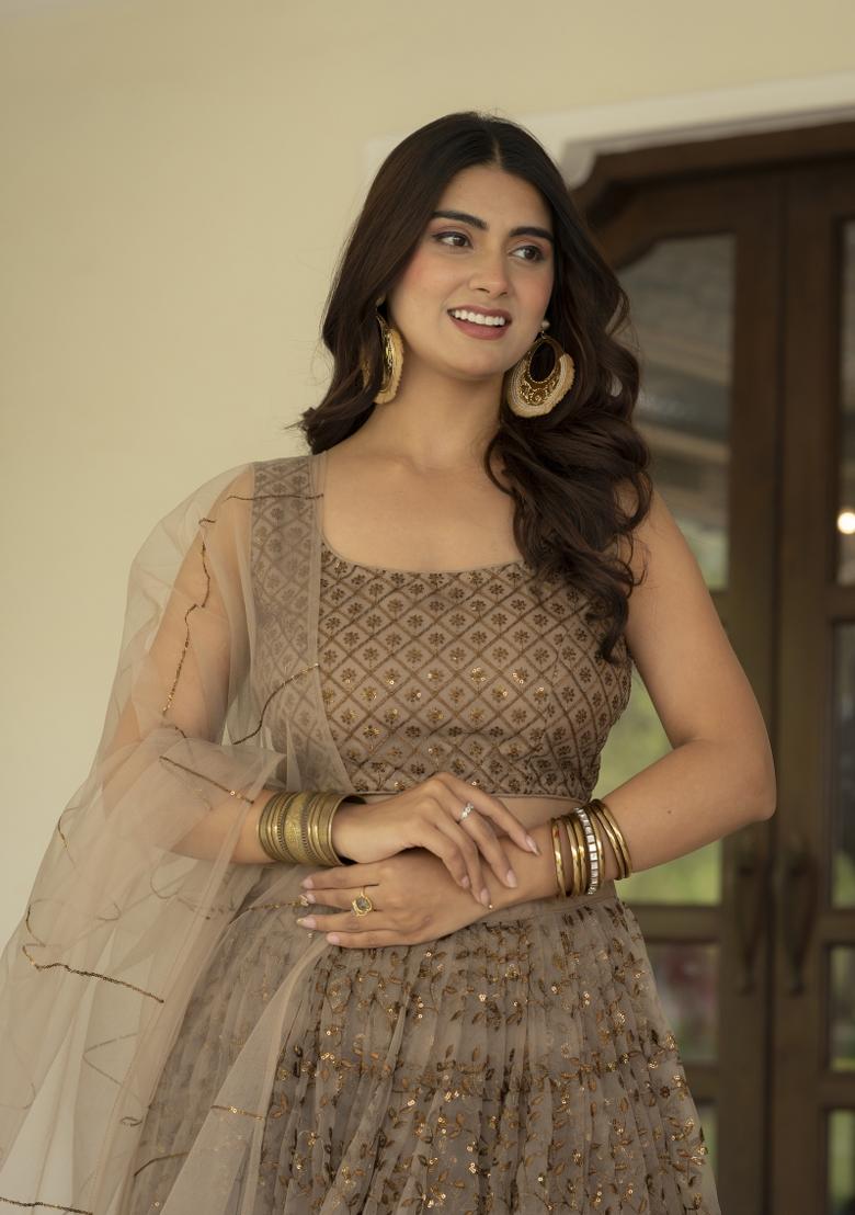 Light Coffee Embroidered Net Lehenga Set - Indya