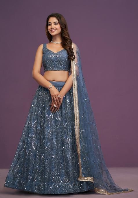 Teal Blue Embroidered Net Lehenga Set