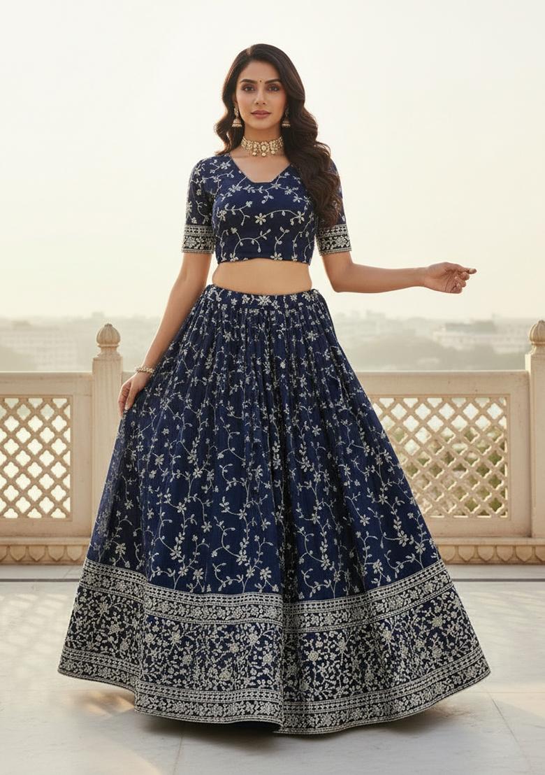 Dark Royal Blue Embroidered Georgette Lehenga Set - Indya