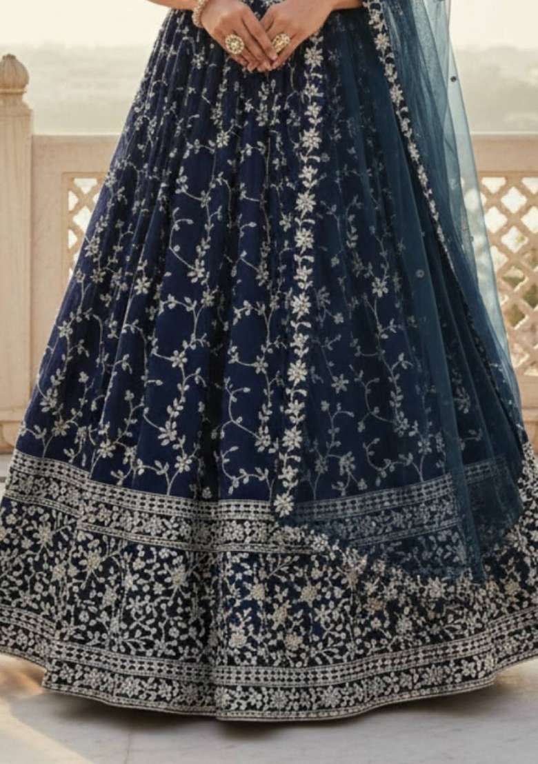 Dark Royal Blue Georgette Lehenga Set with Embroidered for Diwali | Wedding & Festive Wear - Indya