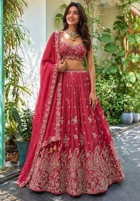 Magenta Embroidered Chinon Lehenga Set