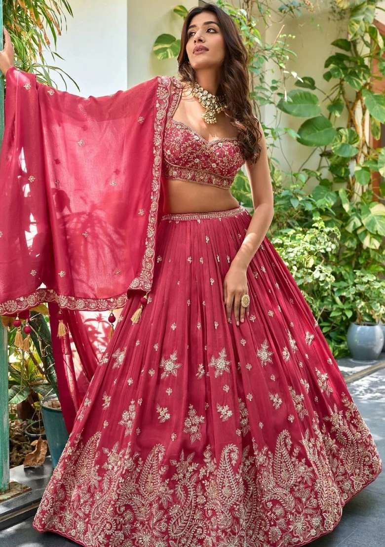 Magenta Embroidered Chinon Lehenga Set for Diwali and Festive Wear - Indya