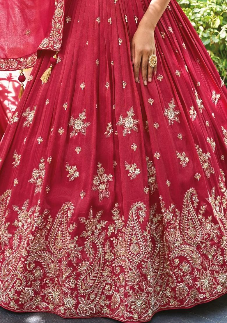 Magenta Embroidered Chinon Lehenga Set - Indya