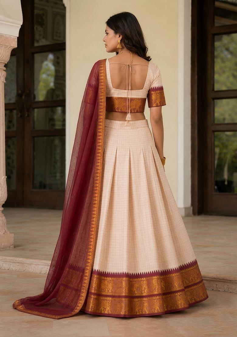 Cream Zari Work Cotton Lehenga Set - Indya
