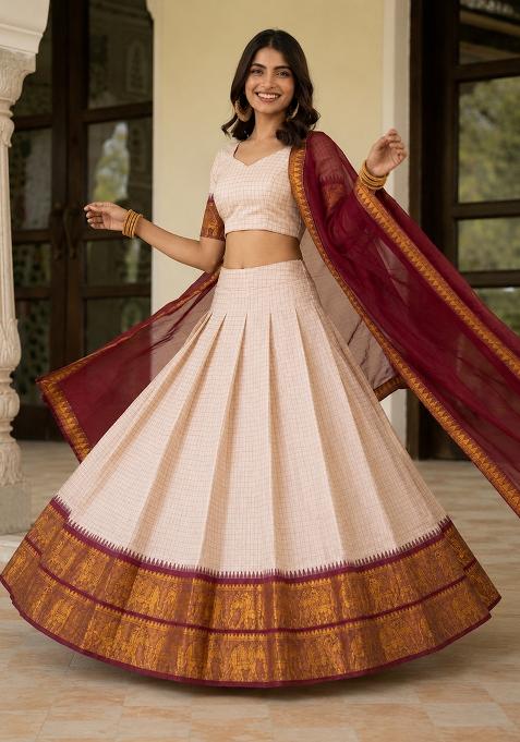 Cream Zari Work Cotton Lehenga Set