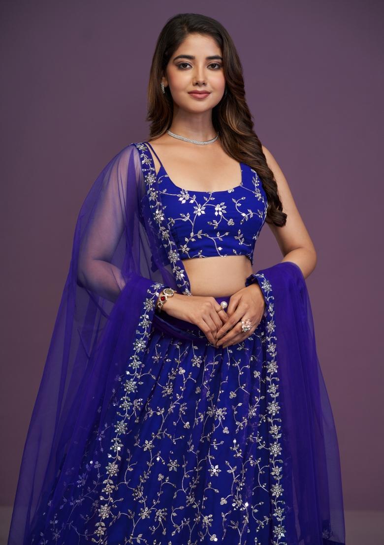 Violet Embroidered Georgette Lehenga Set - Indya
