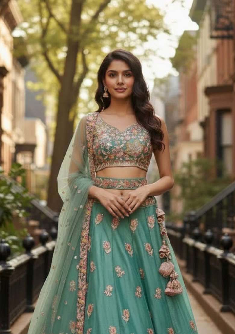 Aqua Embroidered Fandi Lehenga Set for Diwali and Festive Wear - Indya