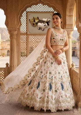 Cream Embroidered Georgette Lehenga Set