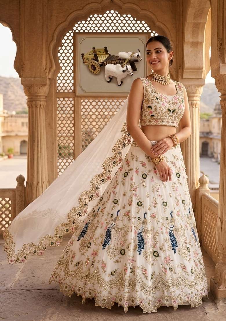 Cream Georgette Lehenga Set with Embroidered for Diwali | Wedding & Festive Wear - Indya